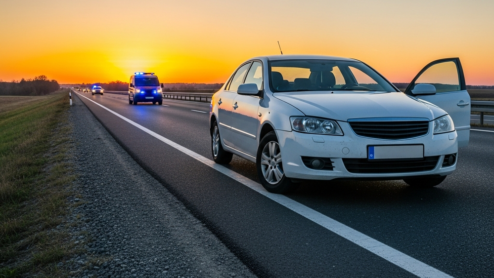 A damaged white sedan resting on the side of a highway at sunset, with a blurred emergency vehicle's blue and red lights visible in the distant background.