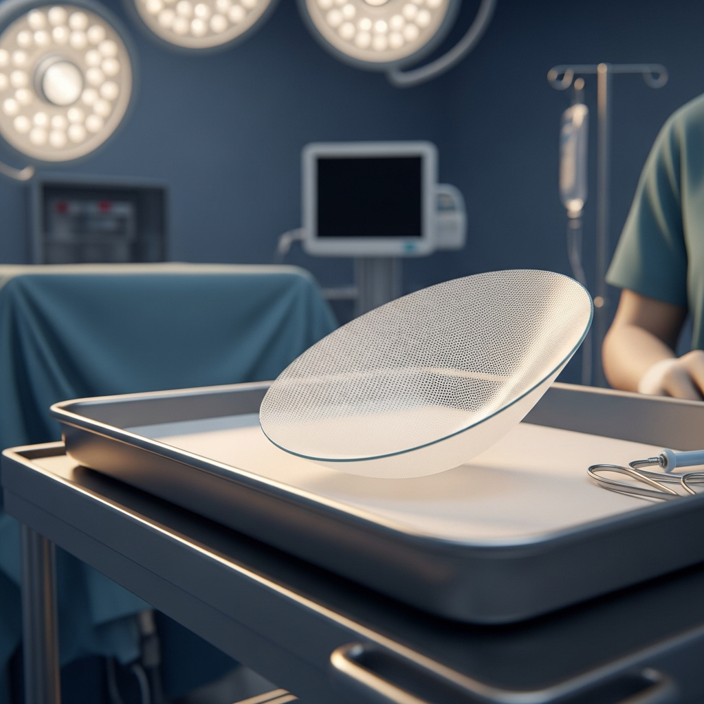 A surgical breast mesh implant on a sterile medical tray in an operating room environment.