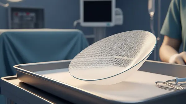 A surgical breast mesh implant on a sterile medical tray in an operating room environment.