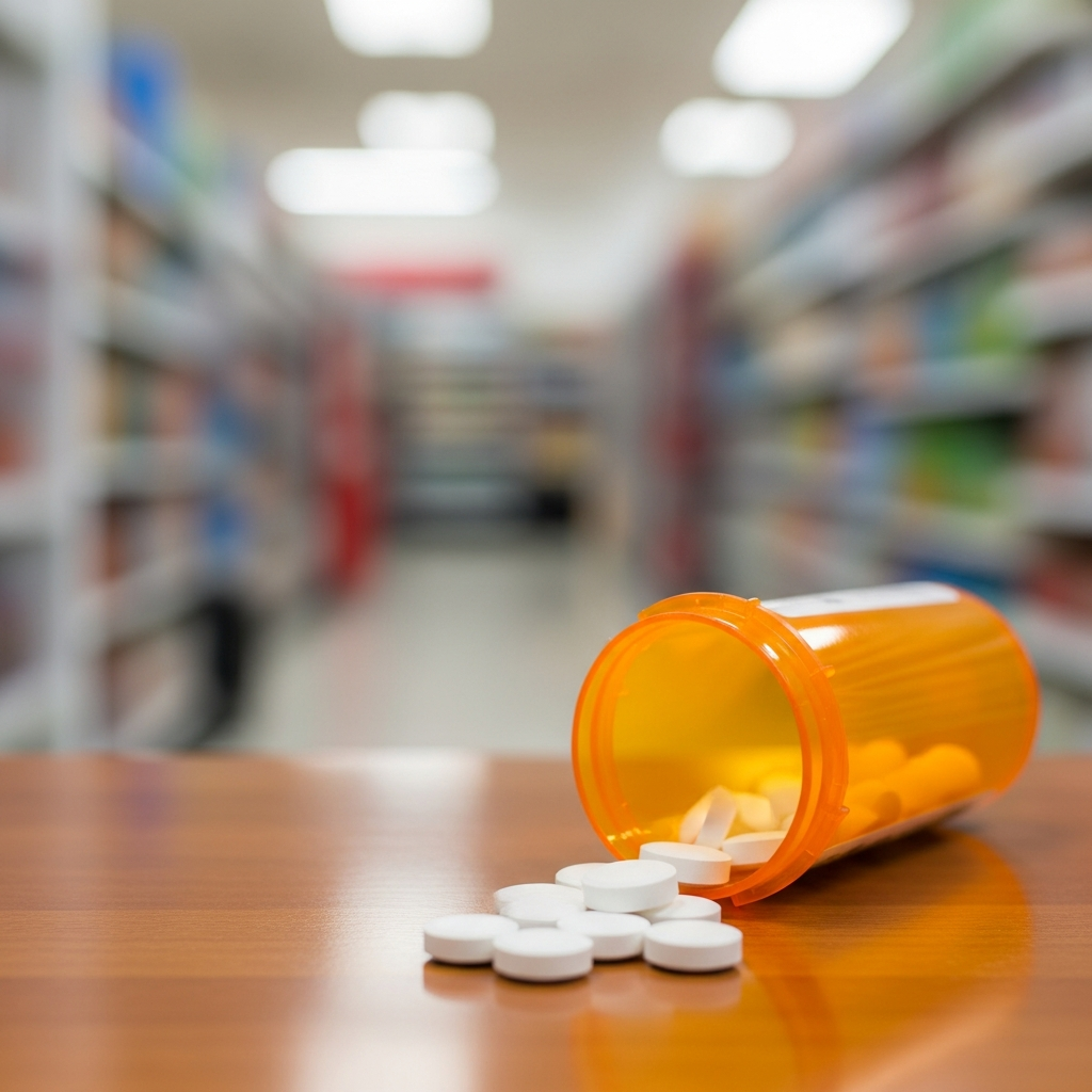 An orange prescription bottle with white pills spilling out onto a wooden pharmacy counter with a grocery store aisle blurred in the background.