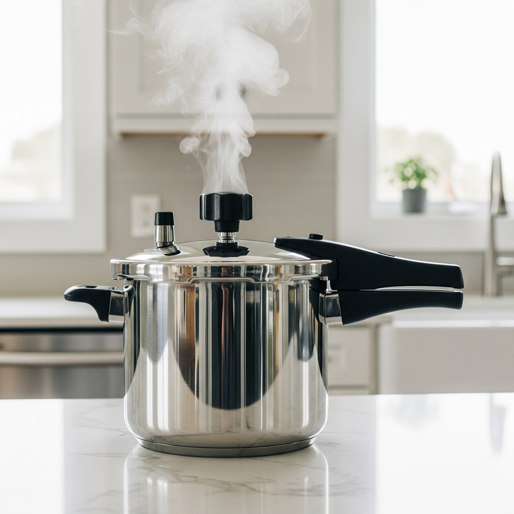 A shiny stainless steel pressure cooker sitting on a modern kitchen countertop with steam rising from the pressure valve.