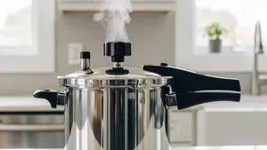 A shiny stainless steel pressure cooker sitting on a modern kitchen countertop with steam rising from the pressure valve.