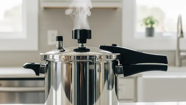 A shiny stainless steel pressure cooker sitting on a modern kitchen countertop with steam rising from the pressure valve.