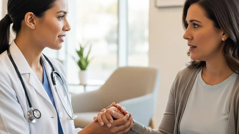 A compassionate healthcare professional holding the hand of a concerned parent in a brightly lit, modern medical setting, symbolizing support and care.