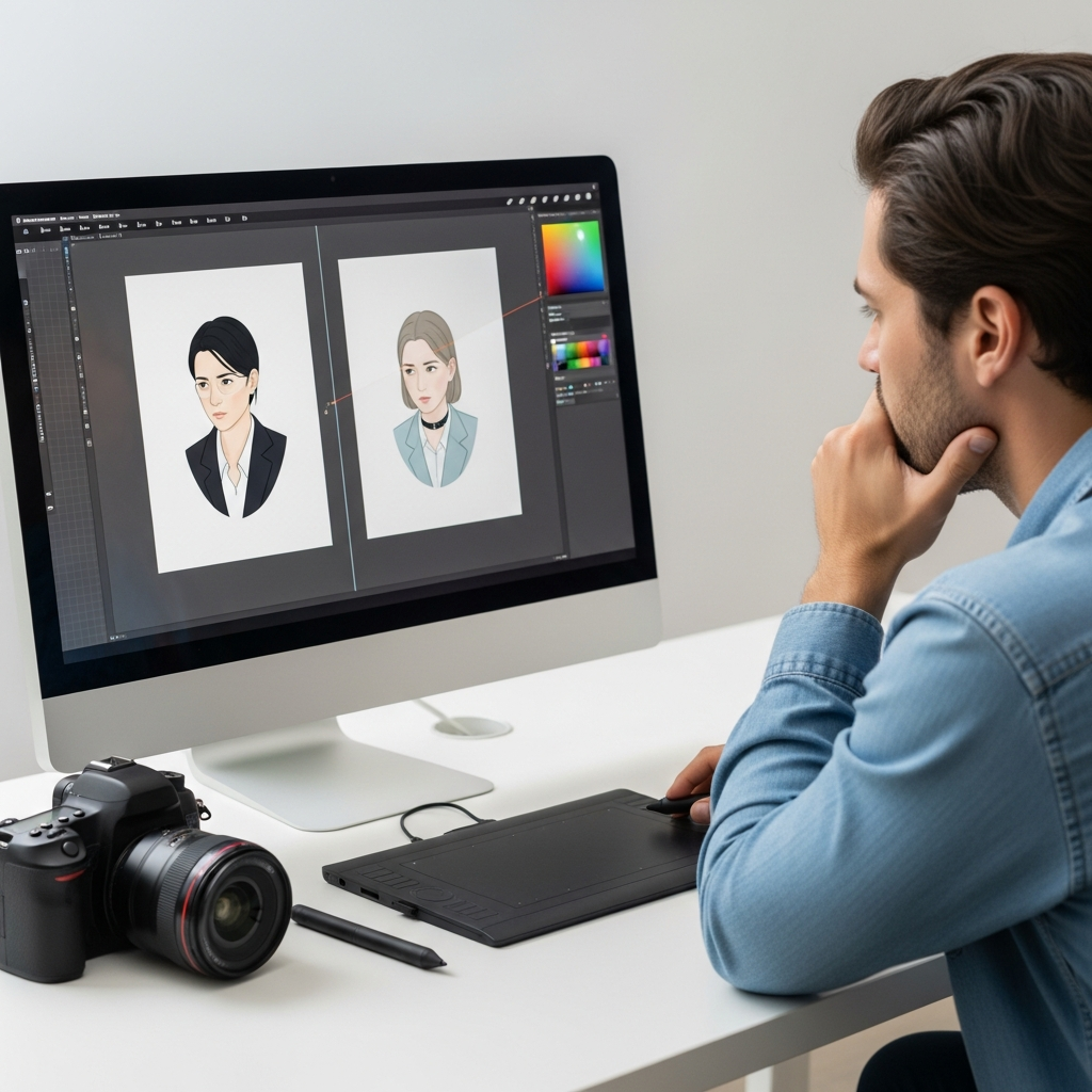 A creative professional looking frustrated at a computer screen while comparing two identical digital illustrations. On a nearby desk, a camera, a stylus, and a high-end drawing tablet represent the tools of a digital content creator.