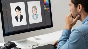 A creative professional looking frustrated at a computer screen while comparing two identical digital illustrations. On a nearby desk, a camera, a stylus, and a high-end drawing tablet represent the tools of a digital content creator.