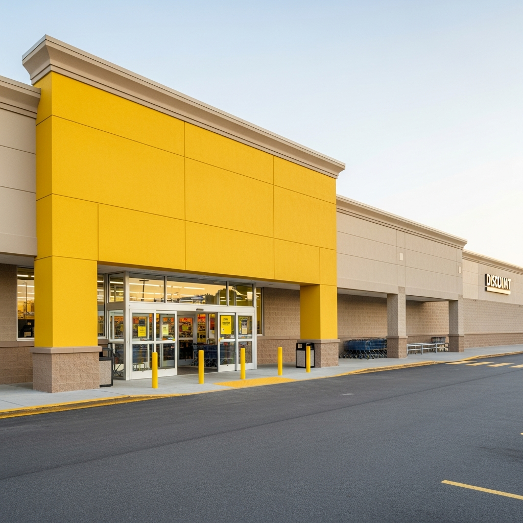 An exterior view of a discount retail store with a prominent yellow facade and automatic glass doors, situated next to a paved parking lot under a clear sky.