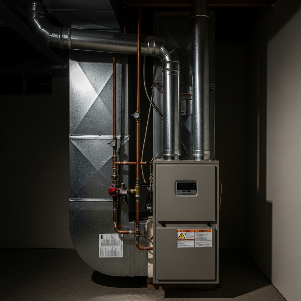 A modern residential gas furnace installed in a dimly lit basement utility room with metal ventilation pipes and copper gas lines.