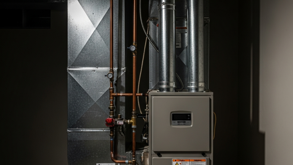 A modern residential gas furnace installed in a dimly lit basement utility room with metal ventilation pipes and copper gas lines.