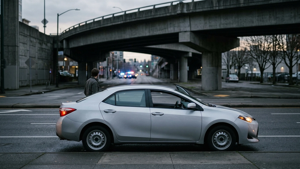 A silver sedan rests on a city street below a concrete highway overpass with emergency lights in the distance