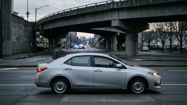 A silver sedan rests on a city street below a concrete highway overpass with emergency lights in the distance