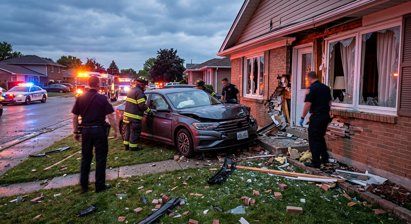 A damaged sedan with a crumpled front end is wedged into the shattered exterior wall of a residential home with debris scattered across the lawn under the flashing colors of emergency lights.