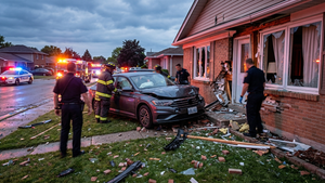 A damaged sedan with a crumpled front end is wedged into the shattered exterior wall of a residential home with debris scattered across the lawn under the flashing colors of emergency lights.