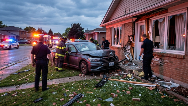A damaged sedan with a crumpled front end is wedged into the shattered exterior wall of a residential home with debris scattered across the lawn under the flashing colors of emergency lights.