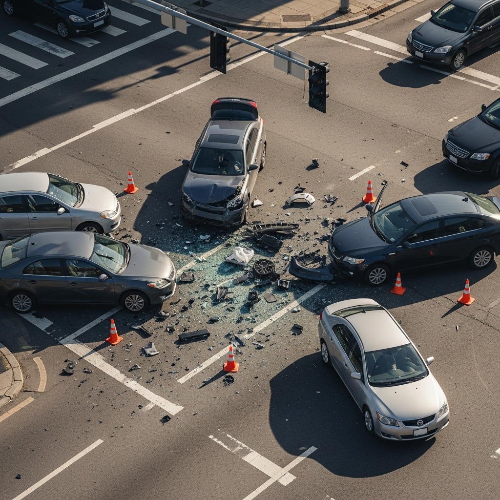 An overhead view of a multi-car collision at a busy city intersection with debris on the asphalt and traffic cones placed around the vehicles.