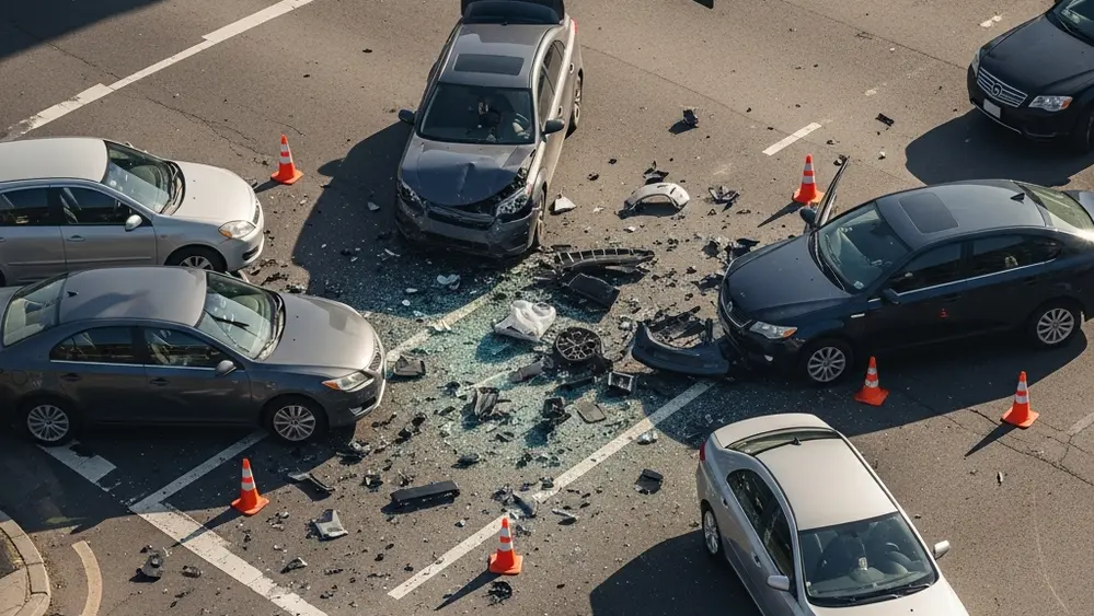 An overhead view of a multi-car collision at a busy city intersection with debris on the asphalt and traffic cones placed around the vehicles.