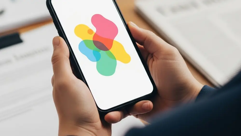 A close-up of a person's hands holding a smartphone displaying colorful abstract graphics, symbolizing the interface of a digital application.