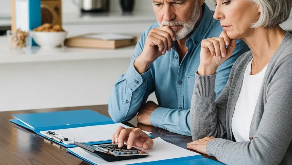A silver-haired couple sitting at a wooden kitchen table, looking thoughtfully at a calculator and some folders, with a cereal box and a delivery package visible in the background.