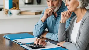 A silver-haired couple sitting at a wooden kitchen table, looking thoughtfully at a calculator and some folders, with a cereal box and a delivery package visible in the background.