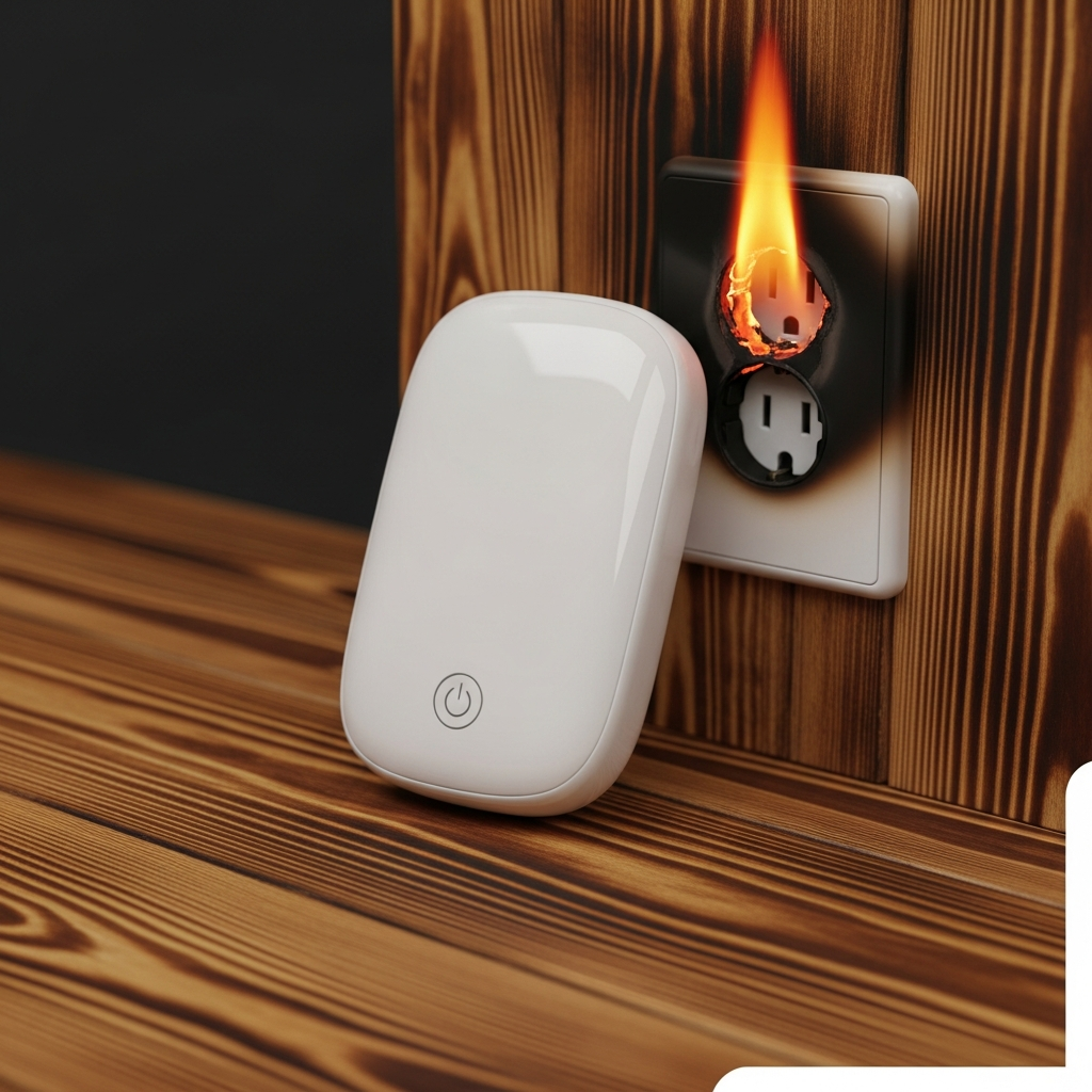 A rechargeable electric hand warmer device lying on a scorched wooden surface next to a charred electrical outlet.