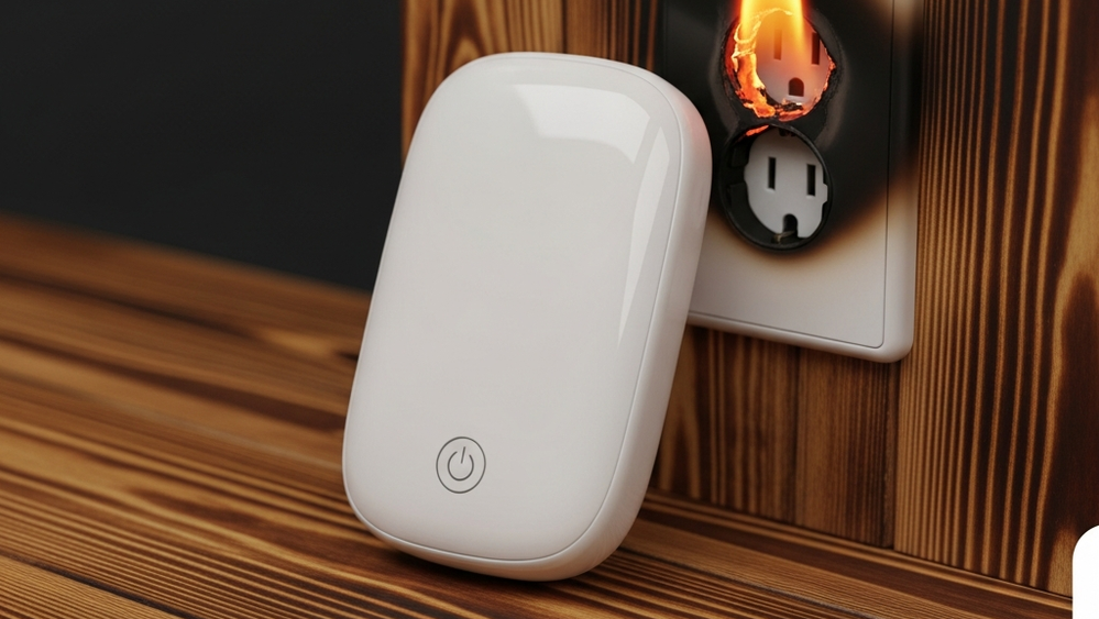 A rechargeable electric hand warmer device lying on a scorched wooden surface next to a charred electrical outlet.