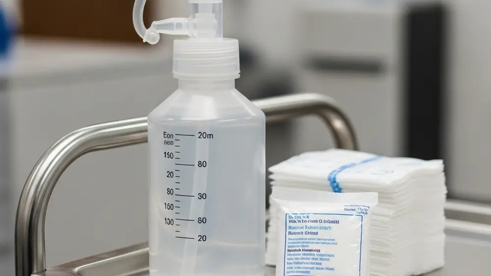 A sterile medical irrigation bottle sits on a metal medical cart in a clinical setting next to packaged gauze.