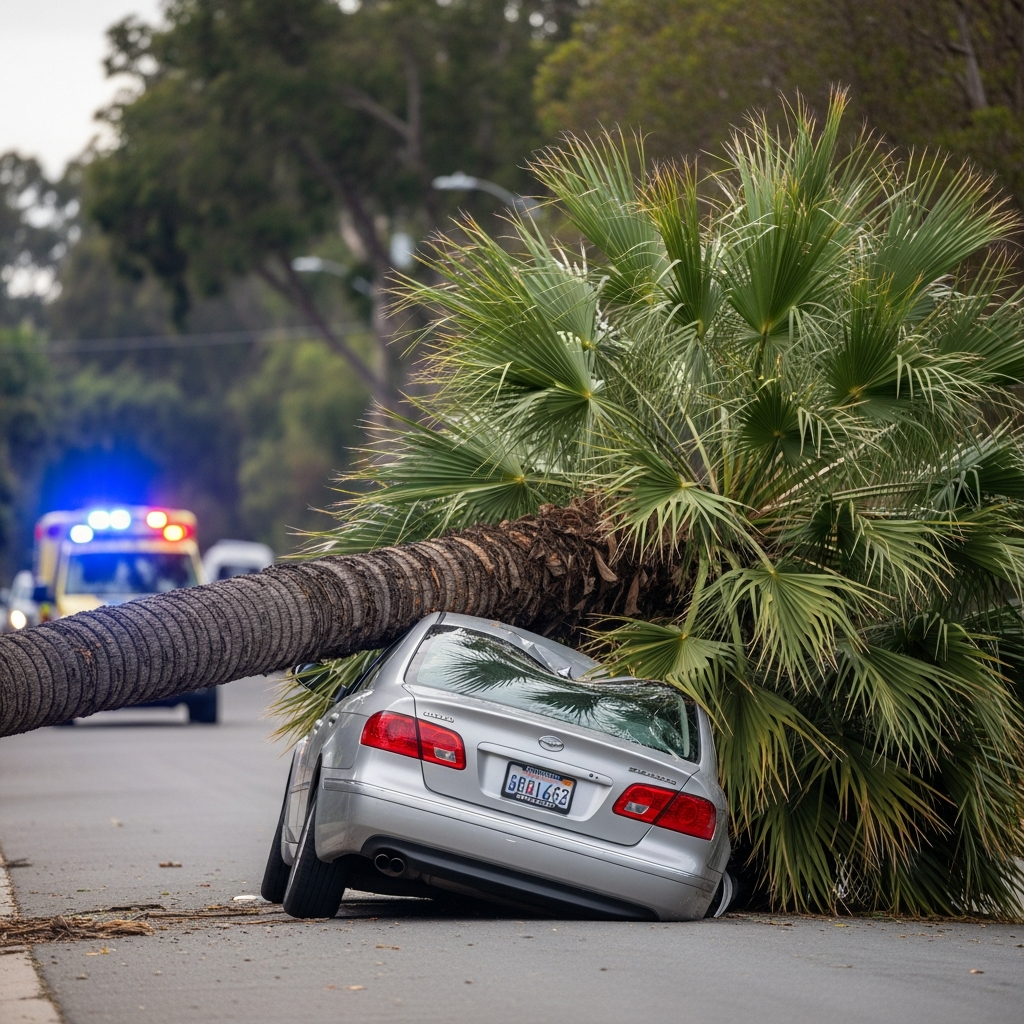 A massive palm tree lying across the crushed roof of a sedan on a residential street with emergency response lights visible in the distance.