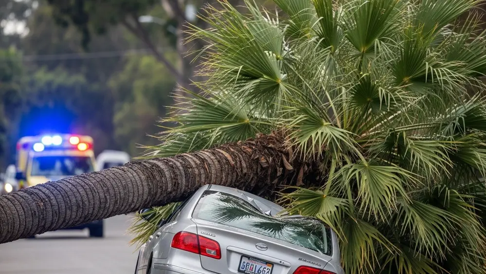 A massive palm tree lying across the crushed roof of a sedan on a residential street with emergency response lights visible in the distance.