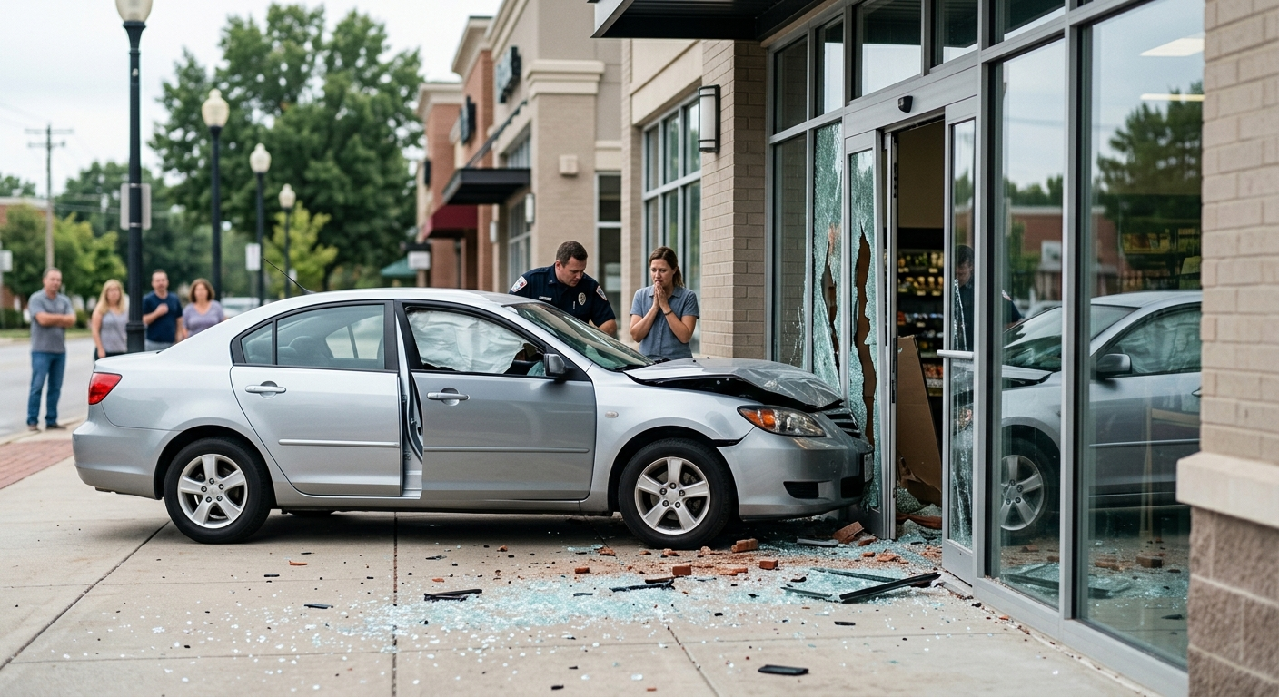 A silver sedan is crashed into the storefront of a local market with shattered glass and debris on the sidewalk.