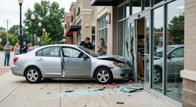 A silver sedan is crashed into the storefront of a local market with shattered glass and debris on the sidewalk.