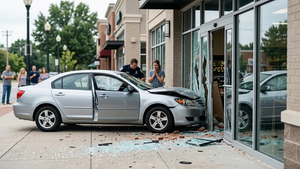 A silver sedan is crashed into the storefront of a local market with shattered glass and debris on the sidewalk.