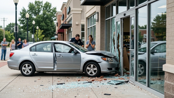 A silver sedan is crashed into the storefront of a local market with shattered glass and debris on the sidewalk.