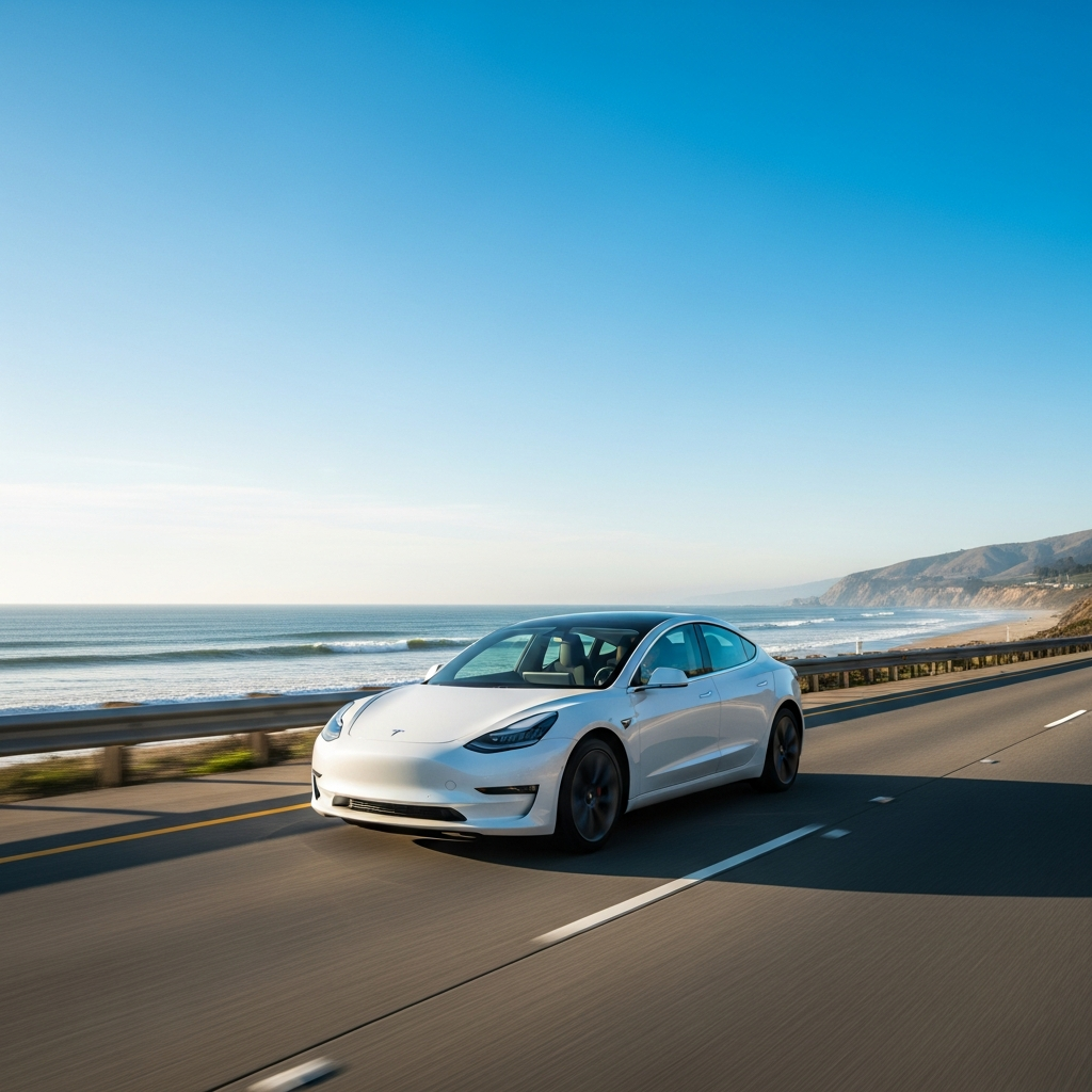 A white Tesla Model 3 sedan driving on a multi-lane coastal highway under a clear blue sky without any other cars nearby.