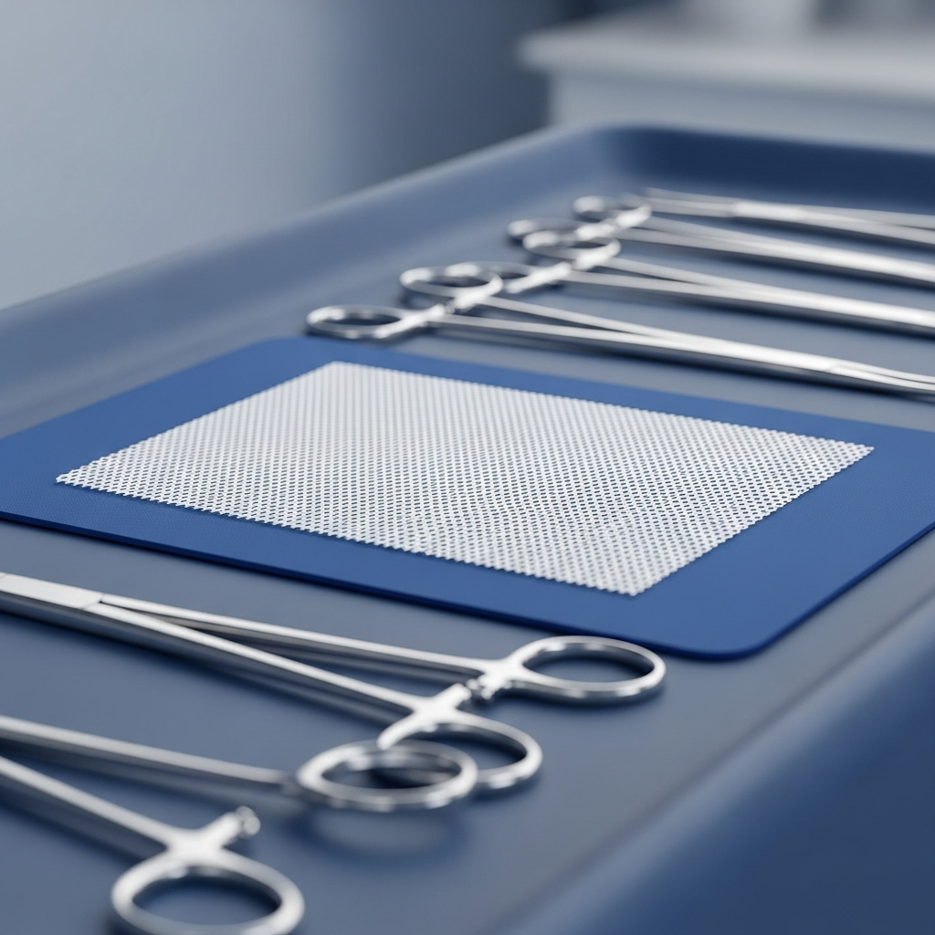 A sterile surgical mesh patch lying on a blue medical tray next to surgical tools in a brightly lit operating room environment.