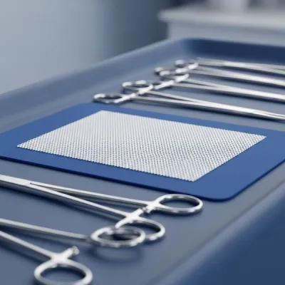 A sterile surgical mesh patch lying on a blue medical tray next to surgical tools in a brightly lit operating room environment.