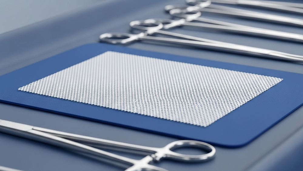A sterile surgical mesh patch lying on a blue medical tray next to surgical tools in a brightly lit operating room environment.