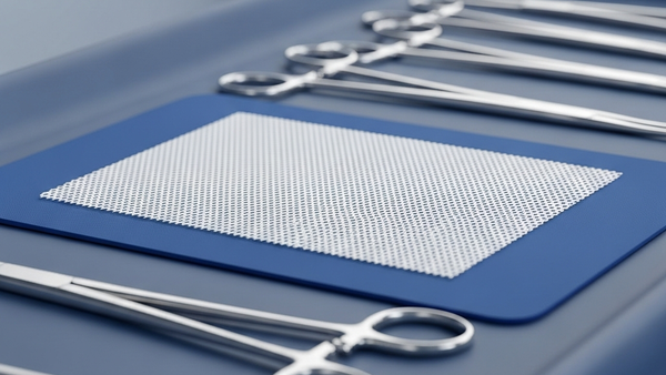 A sterile surgical mesh patch lying on a blue medical tray next to surgical tools in a brightly lit operating room environment.