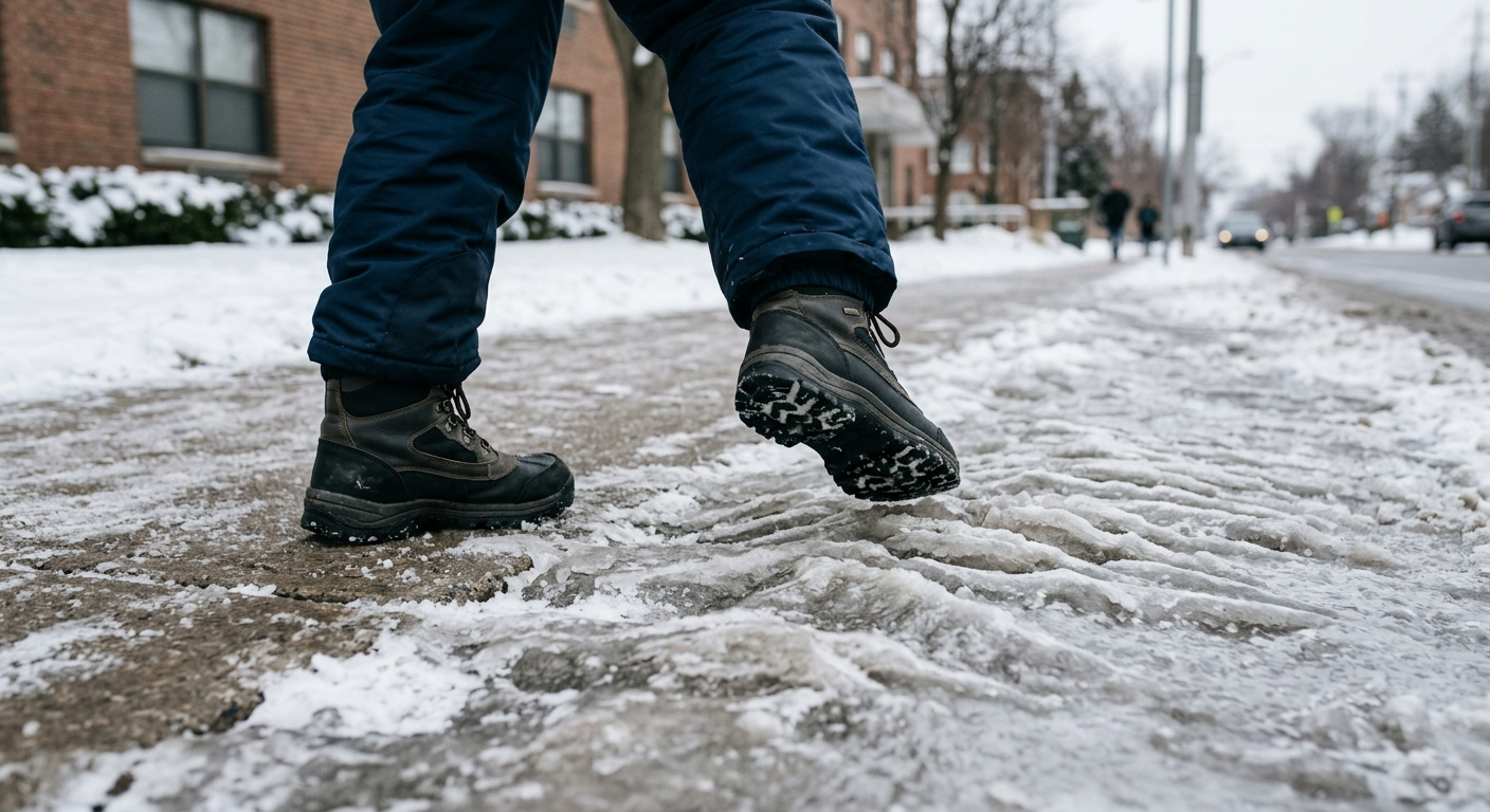 A person wearing winter boots stepping onto a thick patch of uneven, ridged ice on a concrete sidewalk during a cold day.
