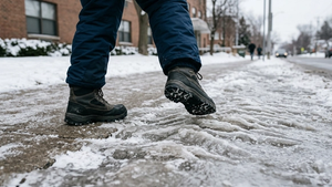 A person wearing winter boots stepping onto a thick patch of uneven, ridged ice on a concrete sidewalk during a cold day.