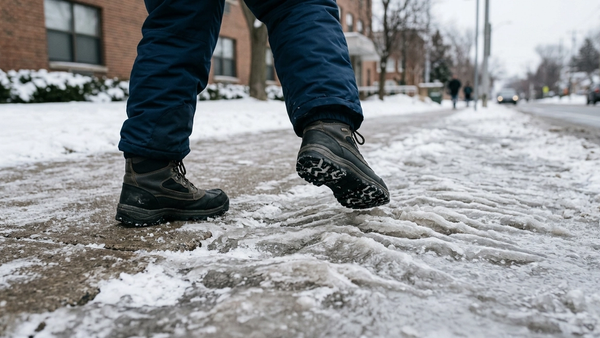 A person wearing winter boots stepping onto a thick patch of uneven, ridged ice on a concrete sidewalk during a cold day.