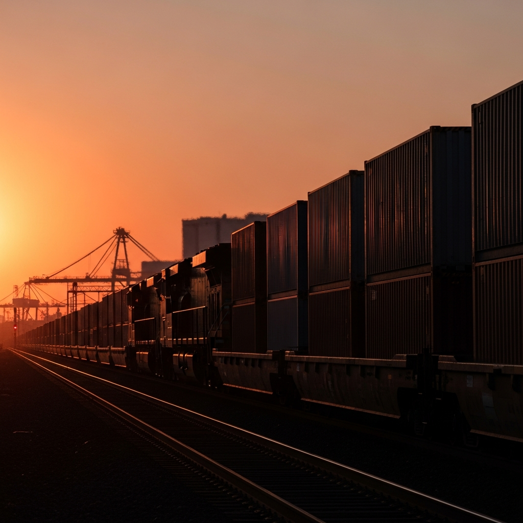 A long freight train moving along a industrial rail line during sunset with silhouettes of shipping containers