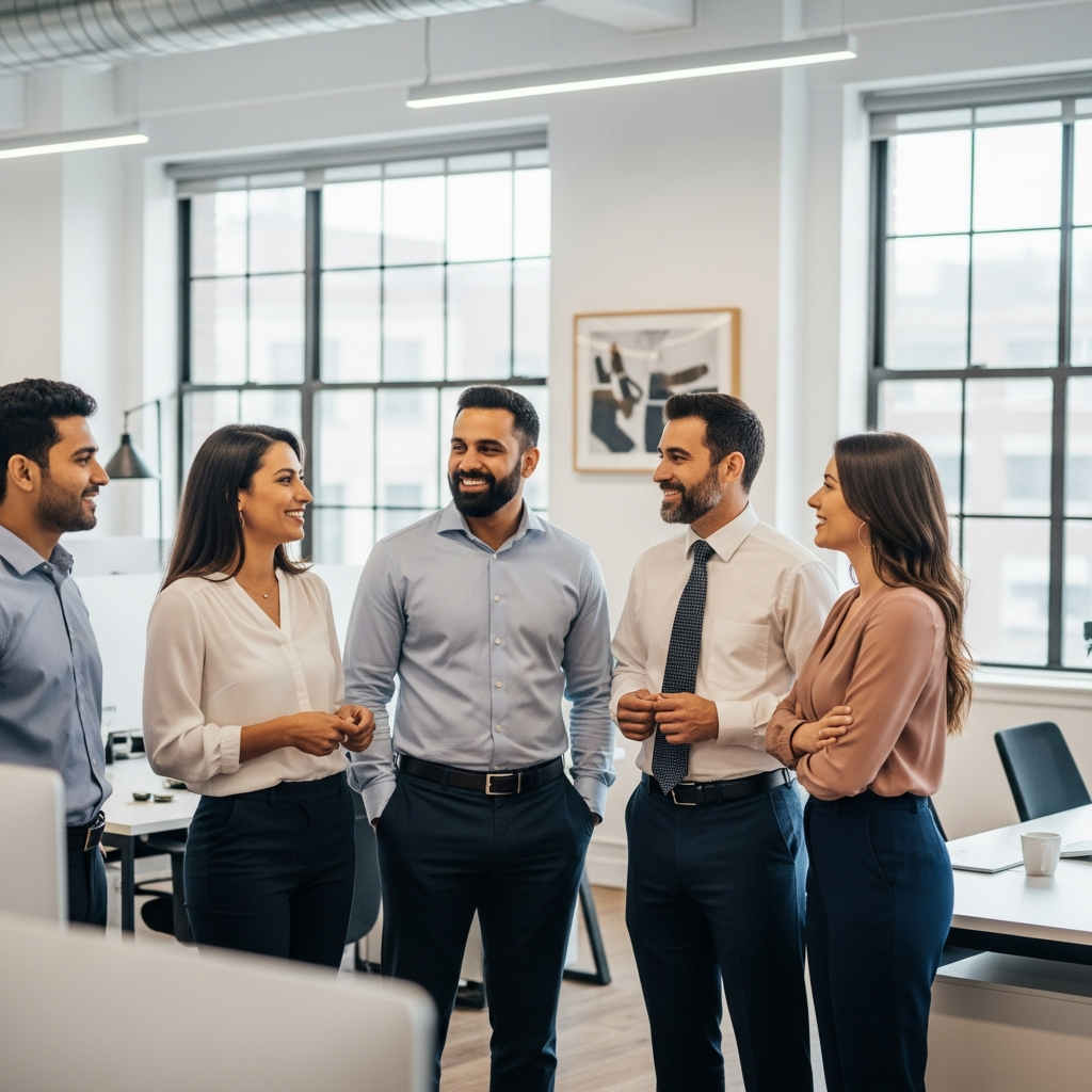 A diverse group of office professionals standing together in a bright, modern workspace, representing workplace inclusion and diversity.