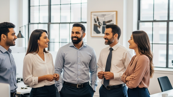 A diverse group of office professionals standing together in a bright, modern workspace, representing workplace inclusion and diversity.