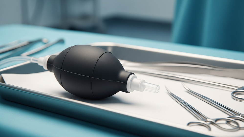 A sterile hospital setting showing a medical drainage bulb resting on a clean tray next to surgical instruments.