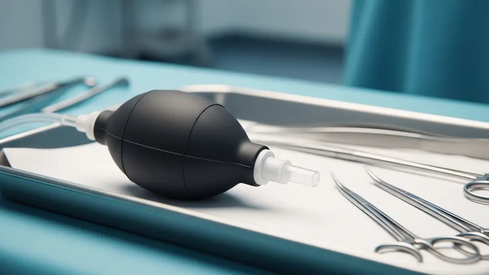 A sterile hospital setting showing a medical drainage bulb resting on a clean tray next to surgical instruments.
