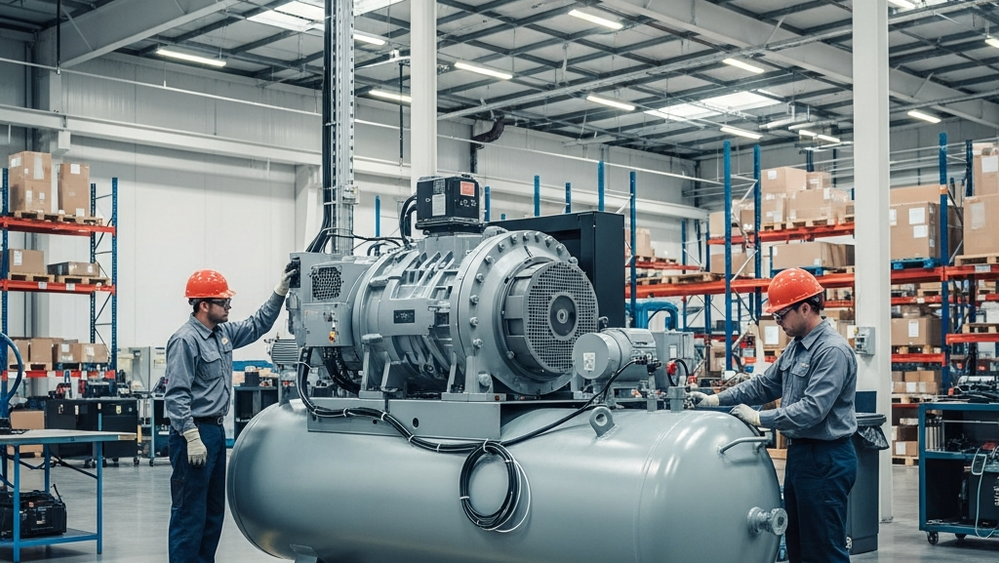 A large industrial compressor in a manufacturing facility being inspected by workers in a bright warehouse.