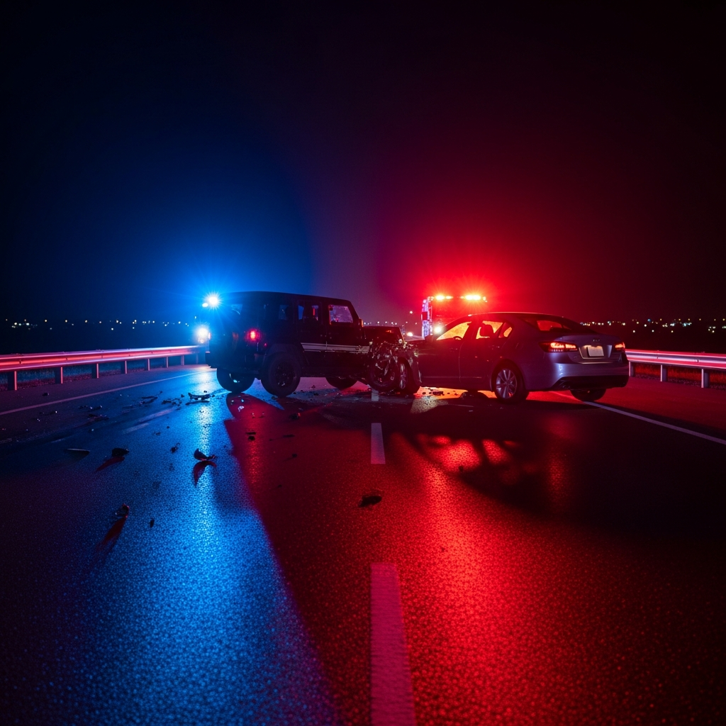 A dark Jeep and a silver sedan collided on a multi-lane highway at night with emergency vehicle lights reflecting on the asphalt and surrounding area.
