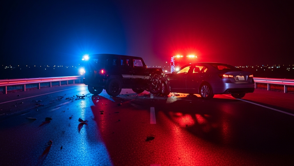 A dark Jeep and a silver sedan collided on a multi-lane highway at night with emergency vehicle lights reflecting on the asphalt and surrounding area.
