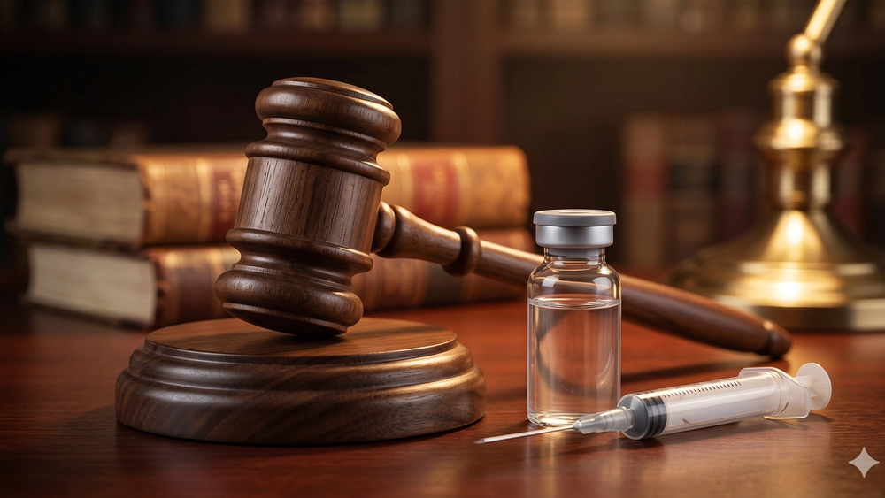 A wooden judge's gavel next to a vaccine vial and syringe, representing the EEOC ruling on religious accommodations for workplace vaccine mandates