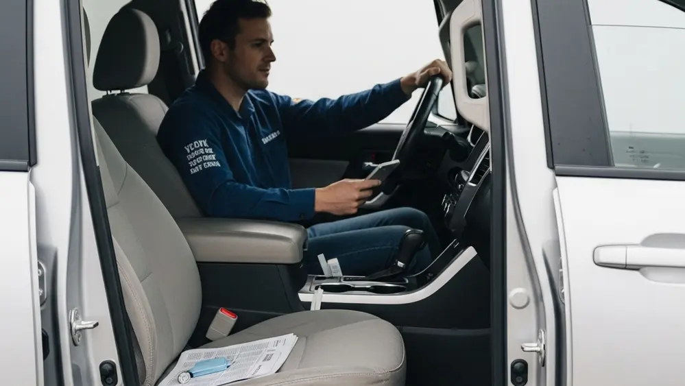 A silver SUV interior showing the driver's seat from a side perspective, illustrating the area of a potential mechanical failure.